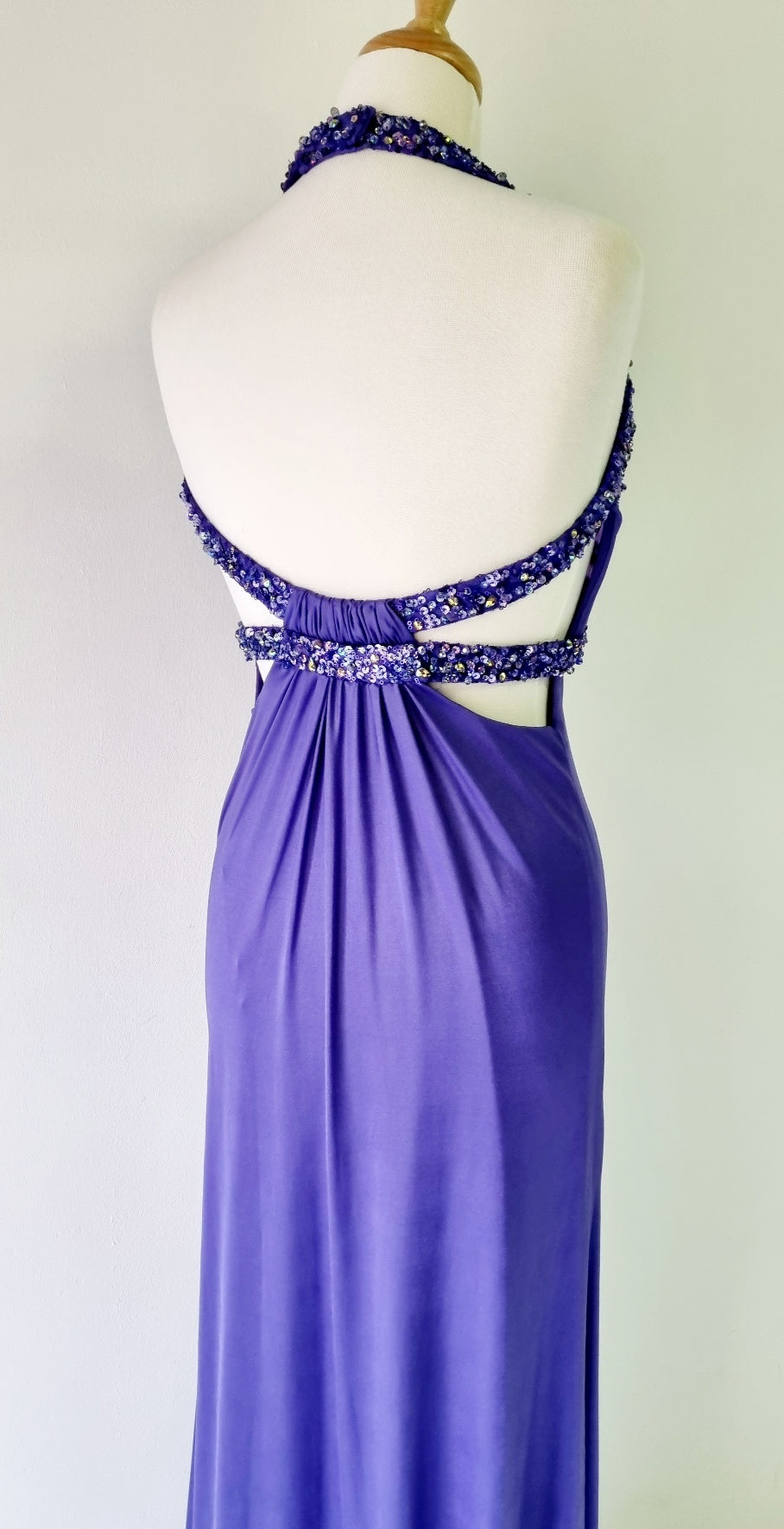 La Femme - Sequence Embellished Periwinkle Deep Blue Halterneck Formal Maxi Dress