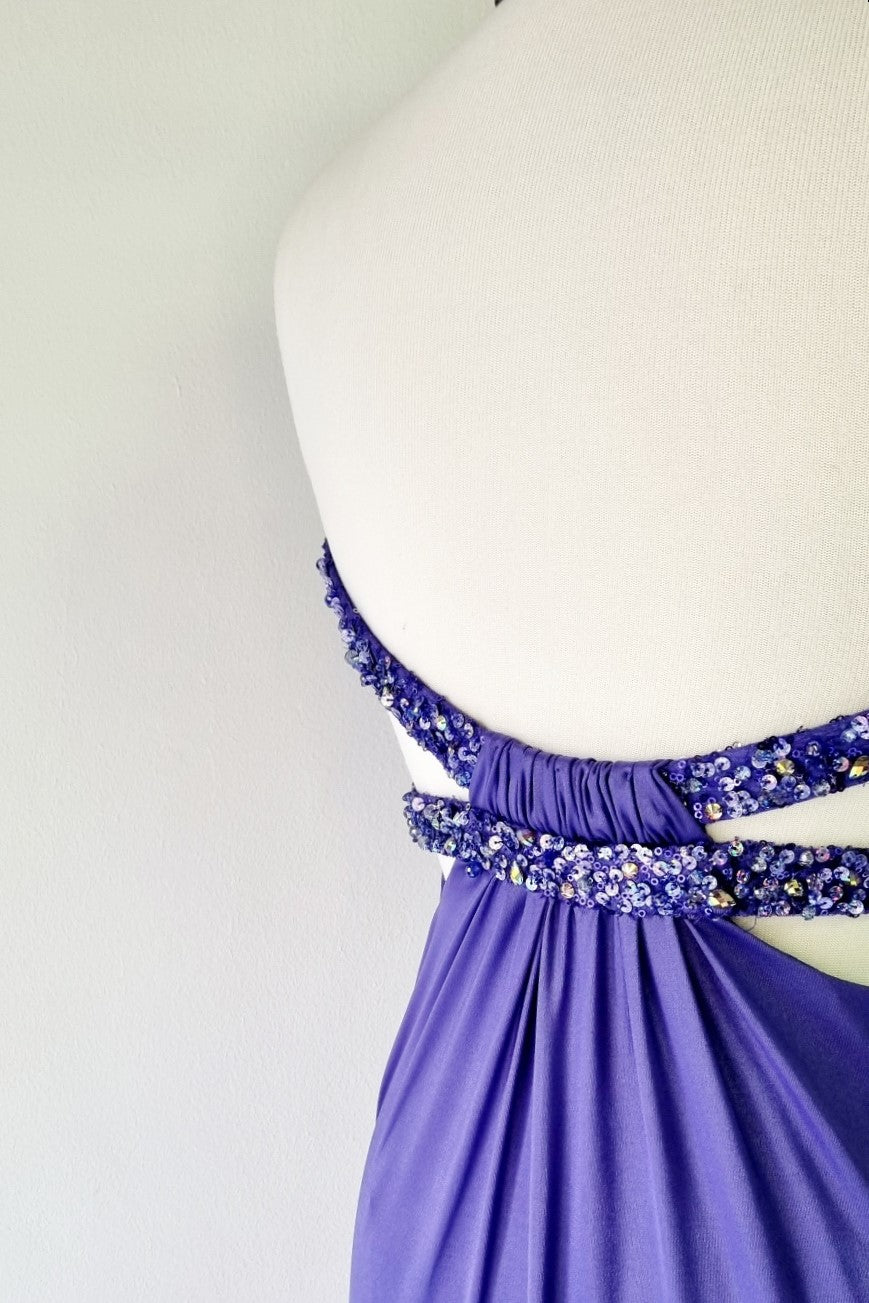 La Femme - Sequence Embellished Periwinkle Deep Blue Halterneck Formal Maxi Dress