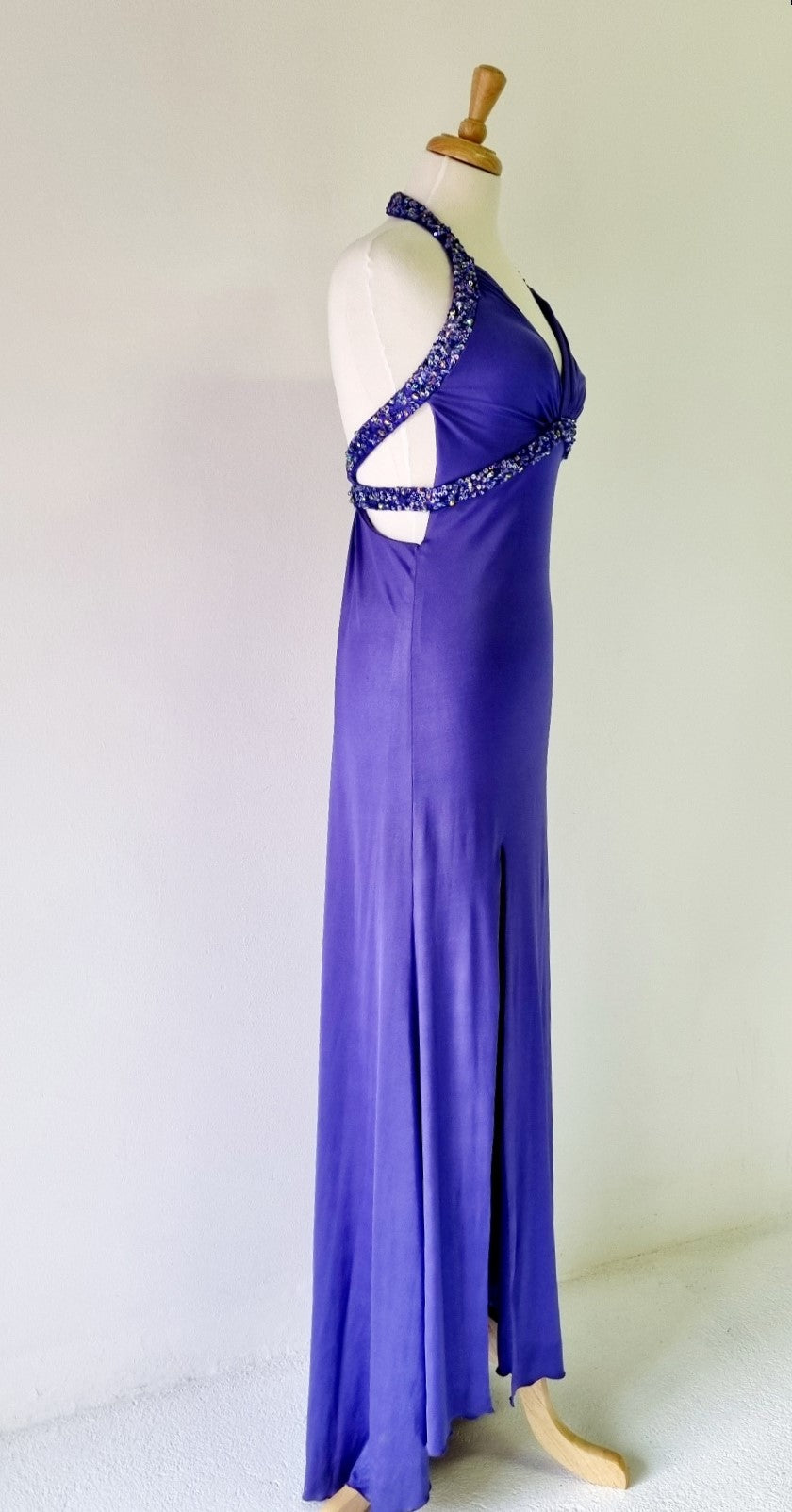 La Femme - Sequence Embellished Periwinkle Deep Blue Halterneck Formal Maxi Dress