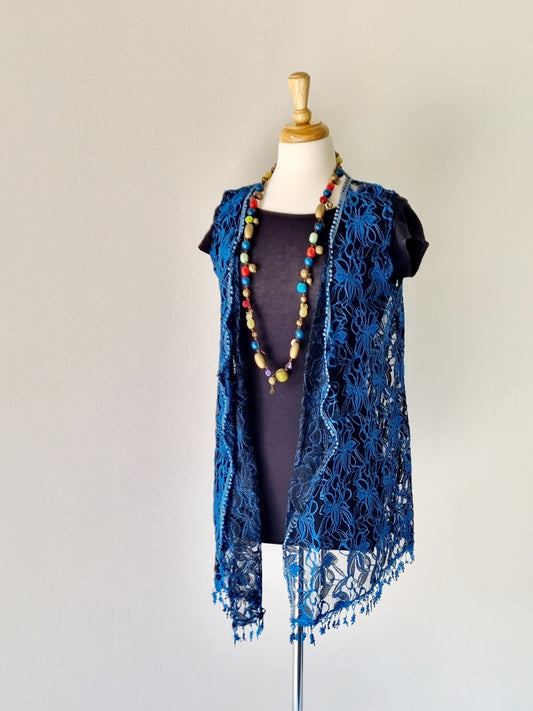 No Brand - Unique Blue & Black embroidered netted sleeveless overlay