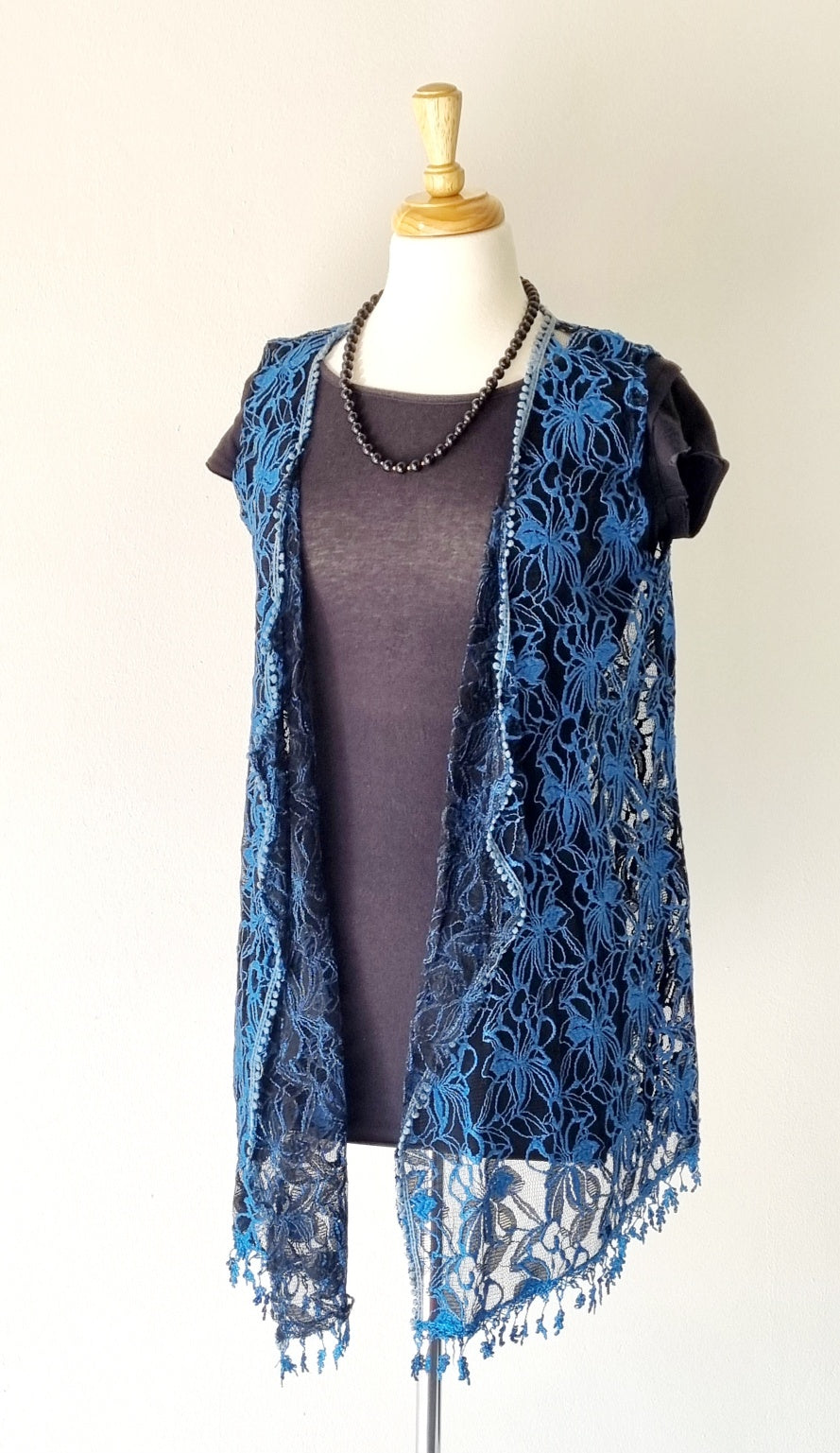 No Brand - Unique Blue & Black embroidered netted sleeveless overlay