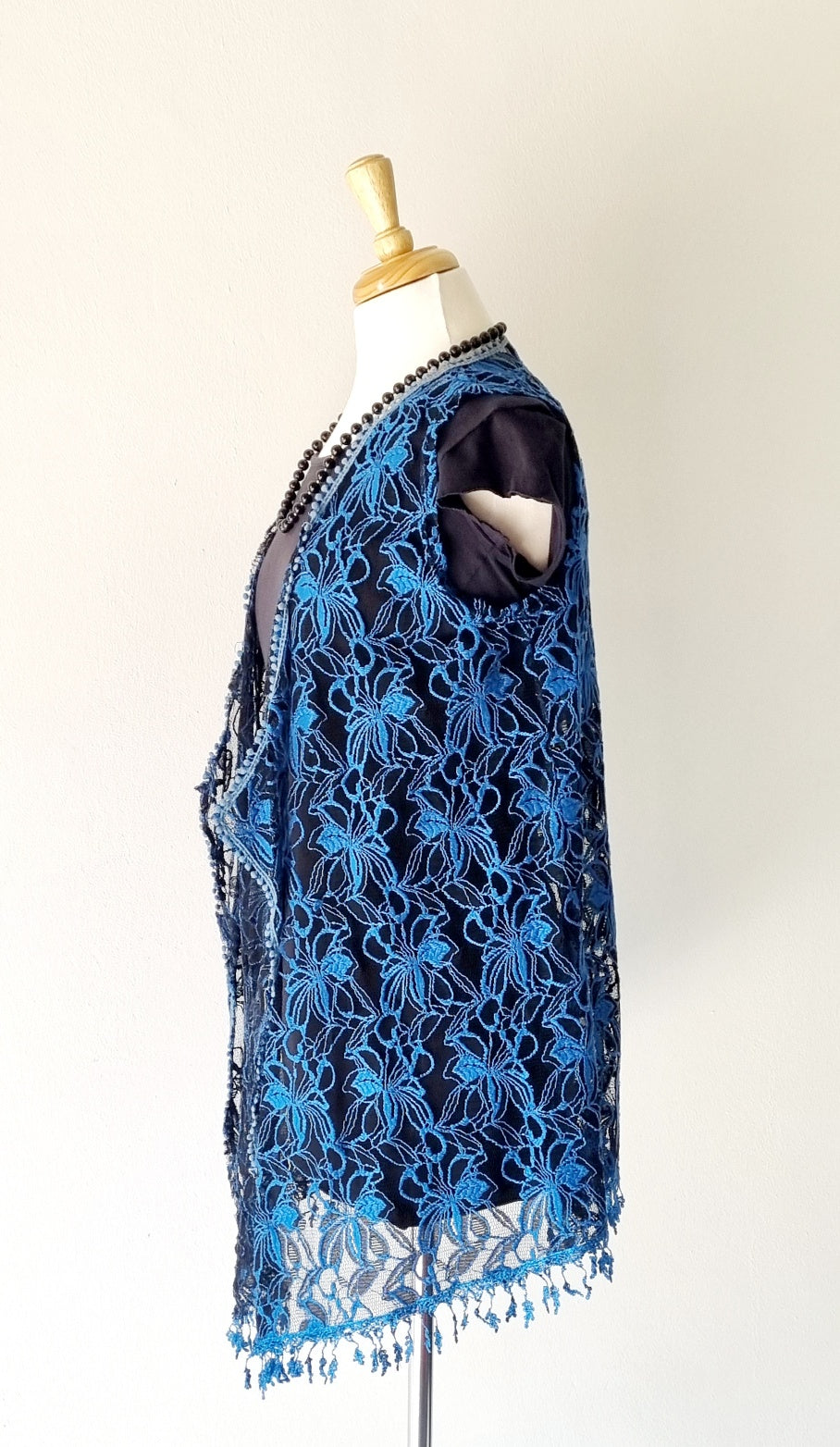 No Brand - Unique Blue & Black embroidered netted sleeveless overlay