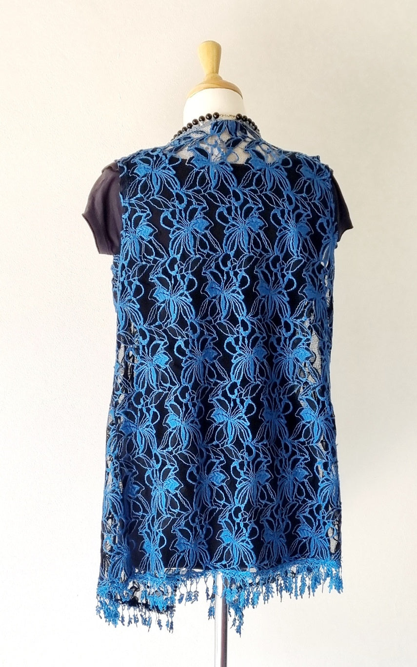 No Brand - Unique Blue & Black embroidered netted sleeveless overlay
