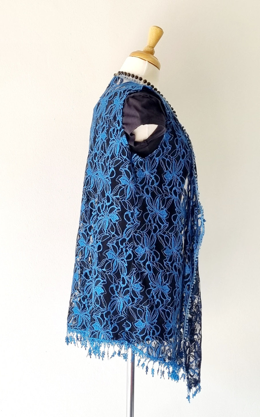 No Brand - Unique Blue & Black embroidered netted sleeveless overlay