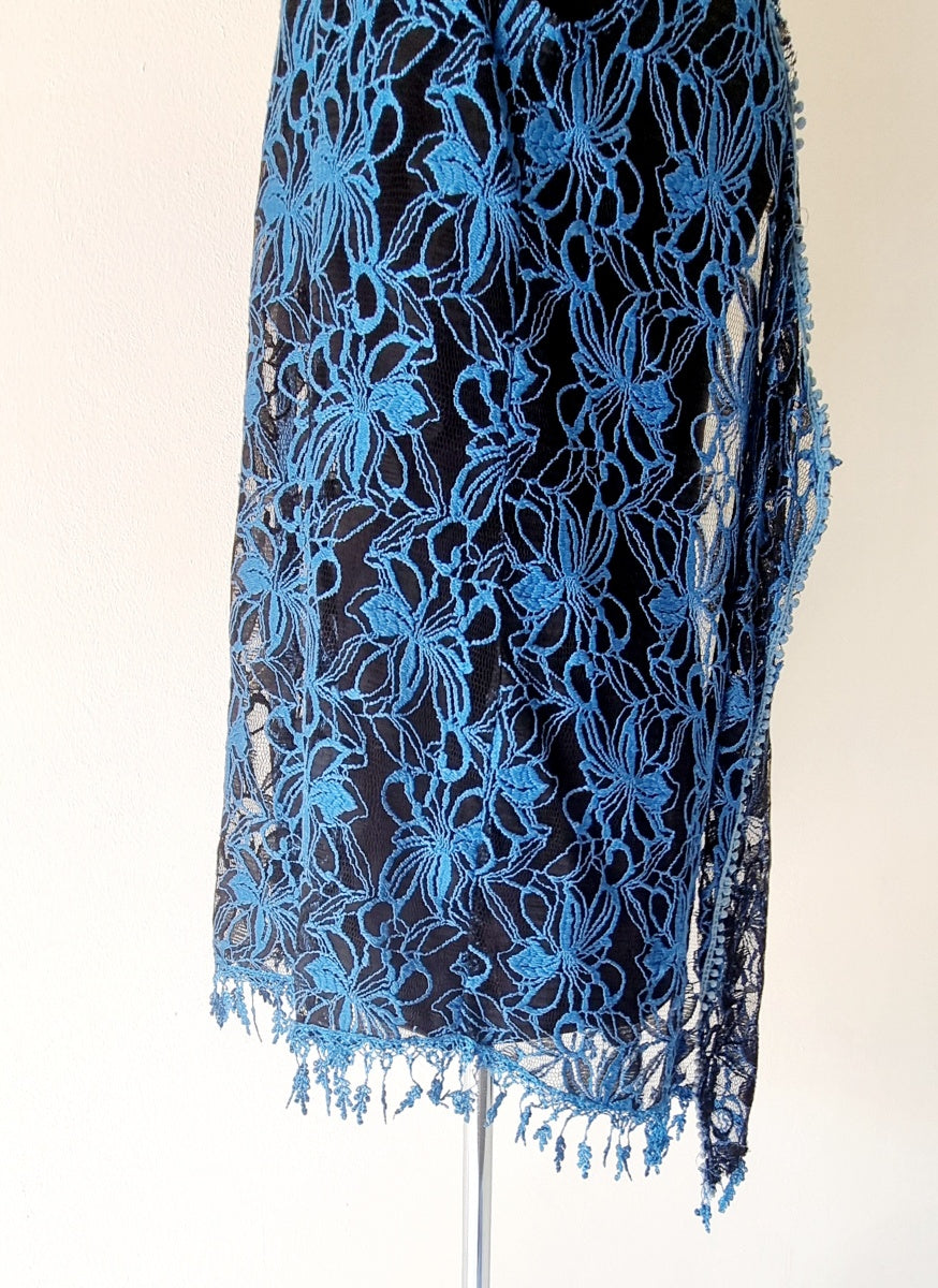 No Brand - Unique Blue & Black embroidered netted sleeveless overlay