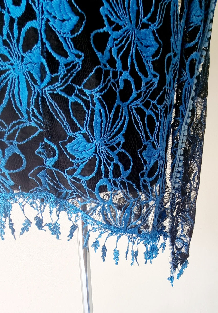 No Brand - Unique Blue & Black embroidered netted sleeveless overlay