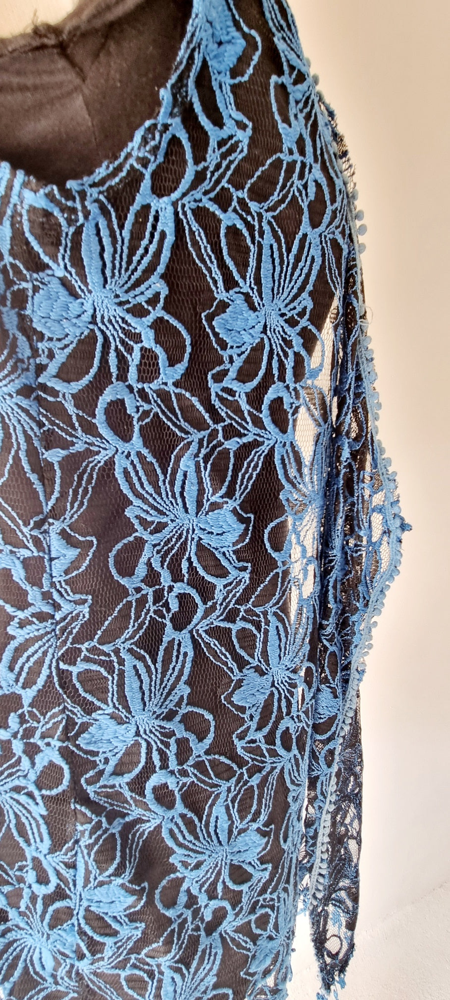 No Brand - Unique Blue & Black embroidered netted sleeveless overlay
