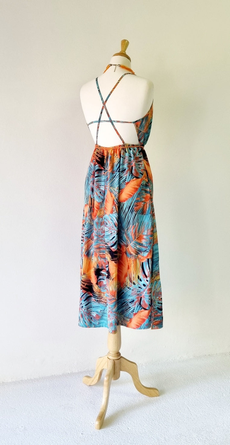 No Brand - Orange & Turquoise Maxi Summer Strap Dress