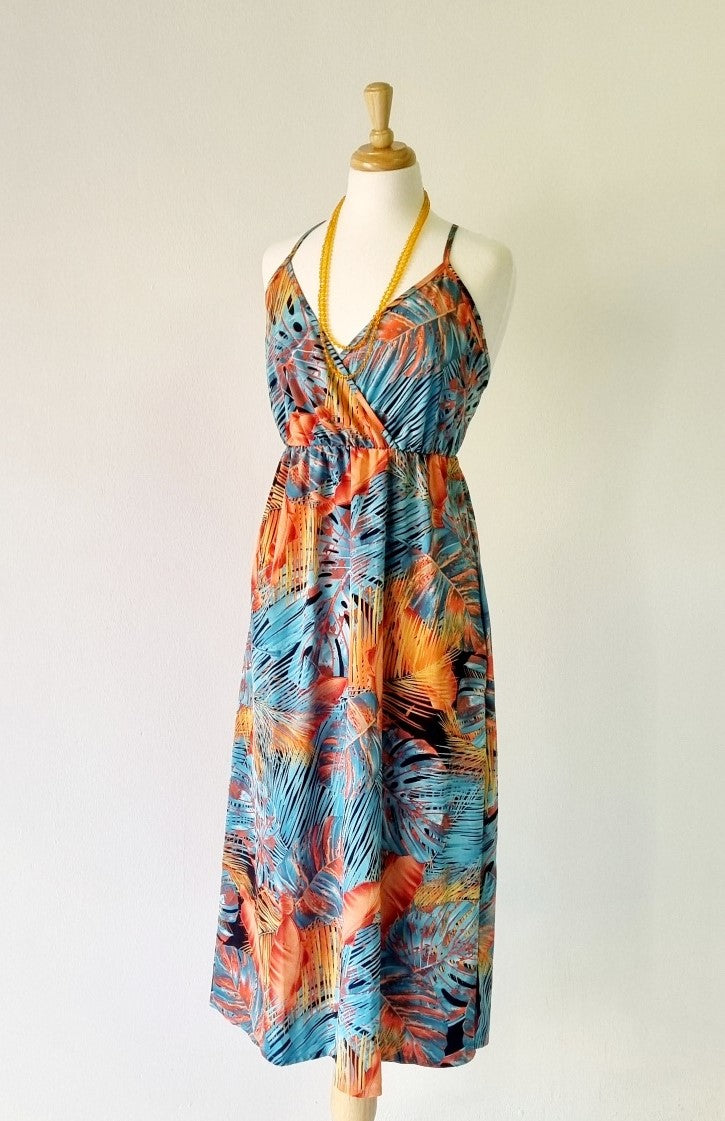 No Brand - Orange & Turquoise Maxi Summer Strap Dress