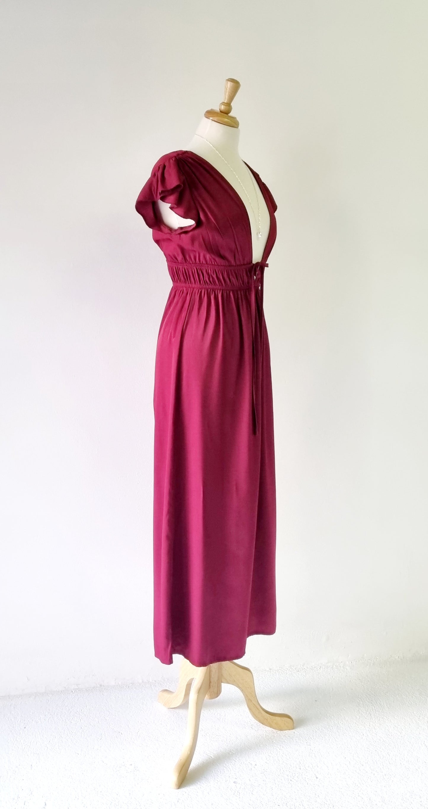 No Tag - Maroon low V-Cut elasticized high waisted maxi dress