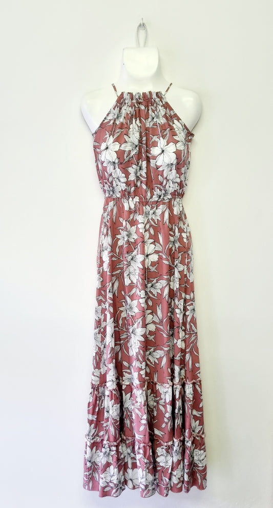 Journal - Floral dusty pink and white high neckline maxi summer dress