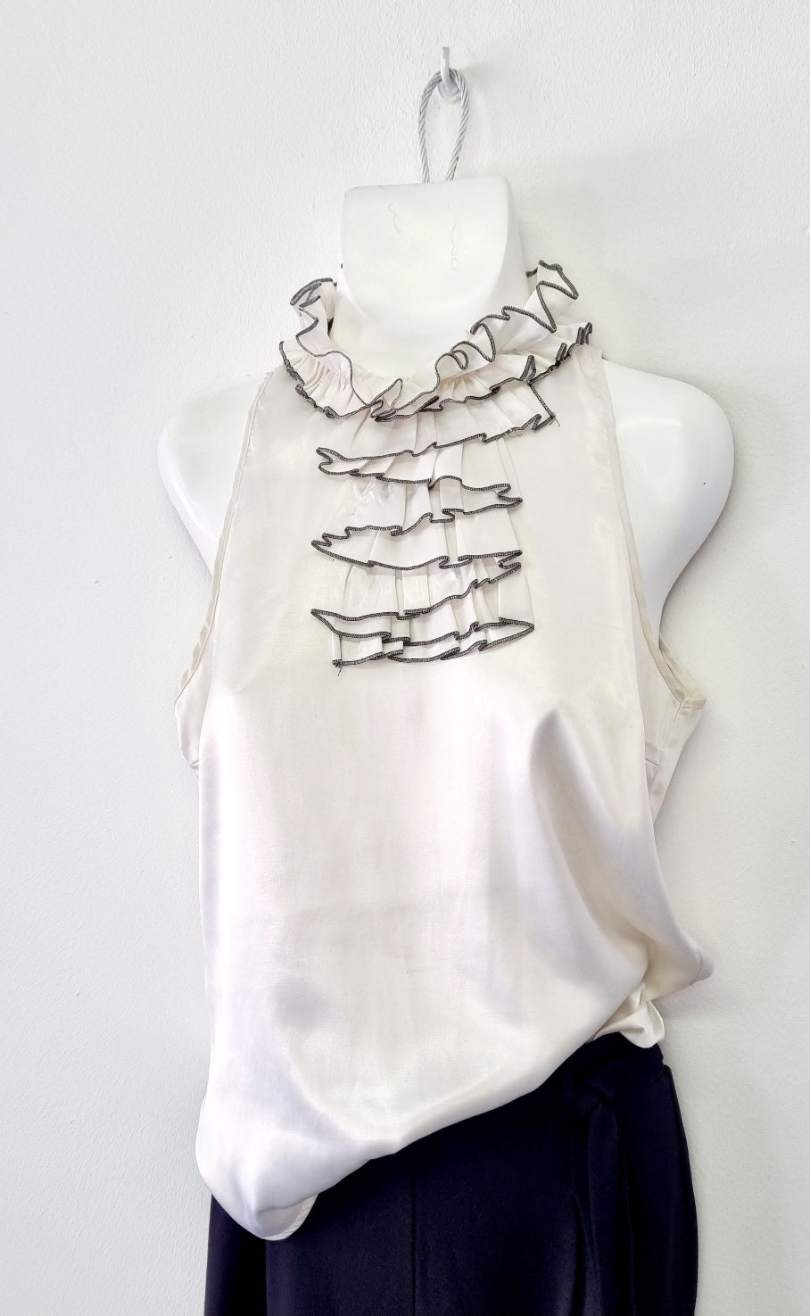 Zara Basics - Beige & Grey ruffled neckline blouse