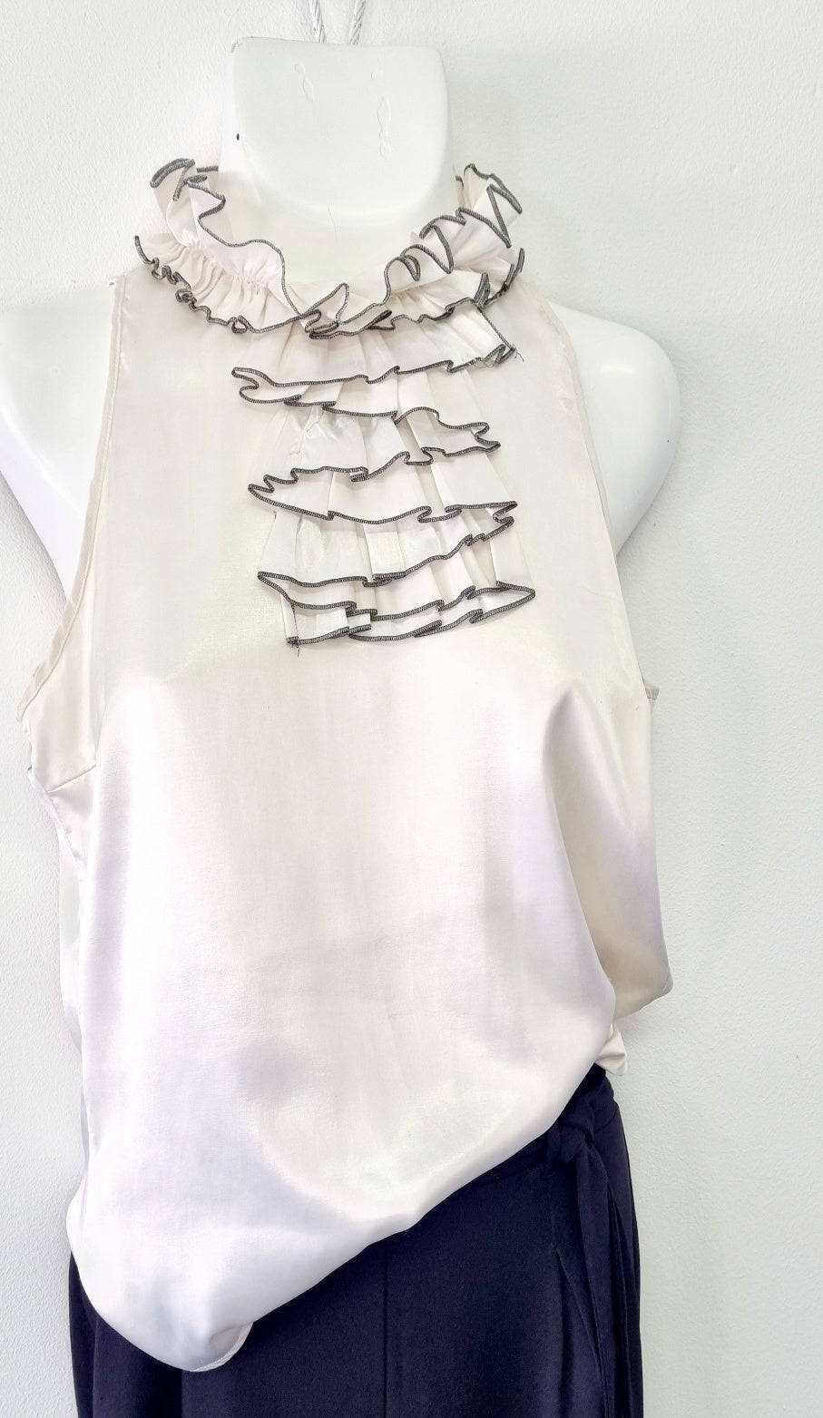 Zara Basics - Beige & Grey ruffled neckline blouse