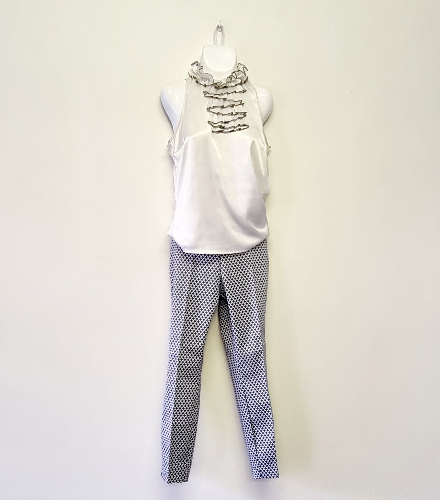 Zara Basics - Beige & Grey ruffled neckline blouse