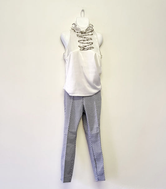 Zara Basics - Beige & Grey ruffled neckline blouse