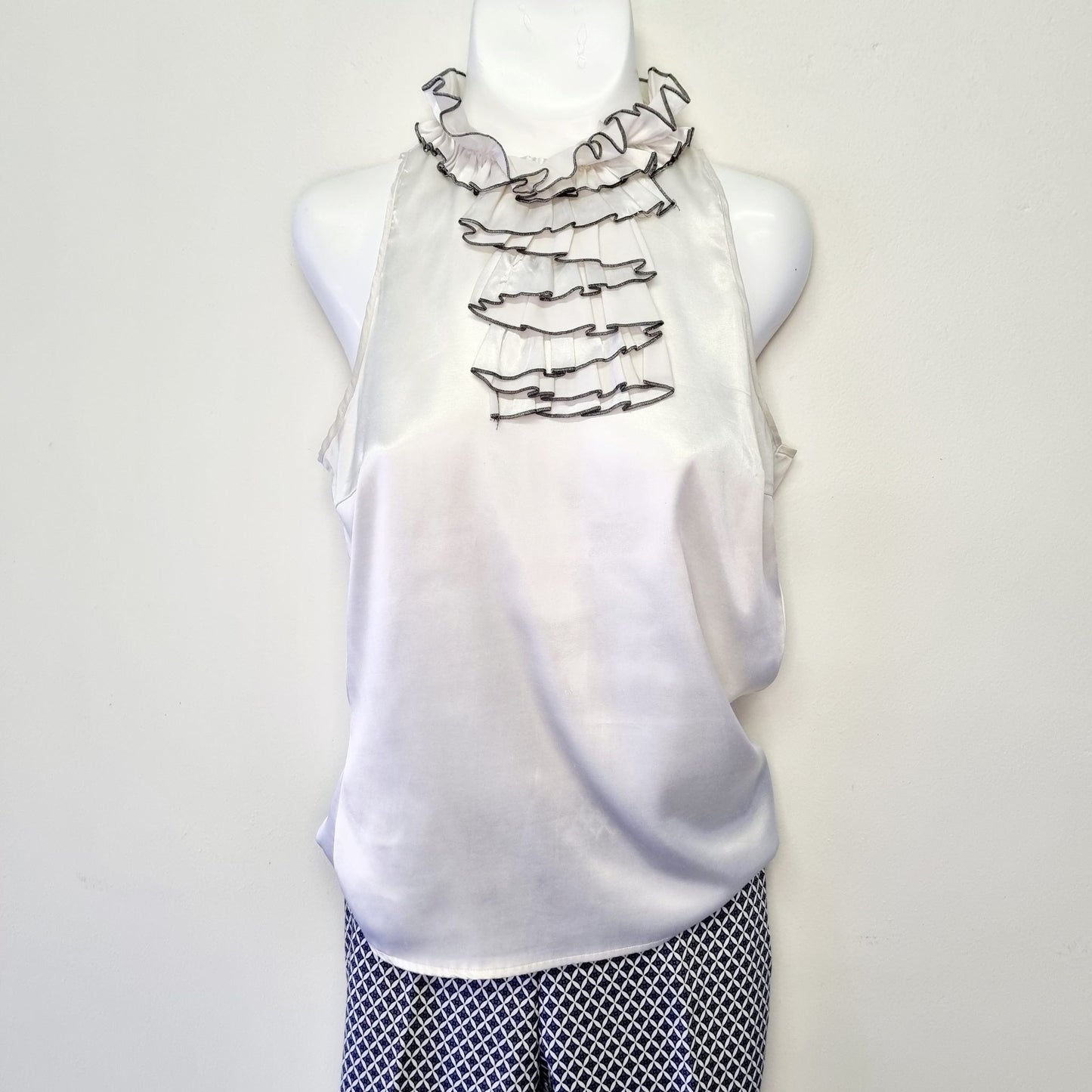 Zara Basics - Beige & Grey ruffled neckline blouse