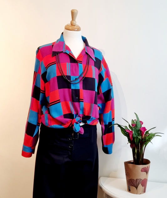 Kelso - Orange & turquoise square patterned long sleeve shirt