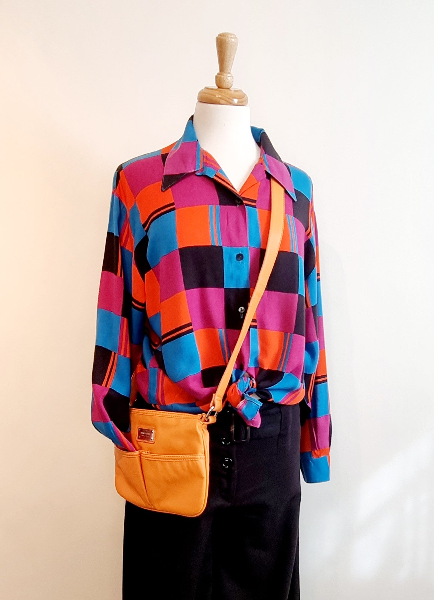 Kelso - Orange & turquoise square patterned long sleeve shirt