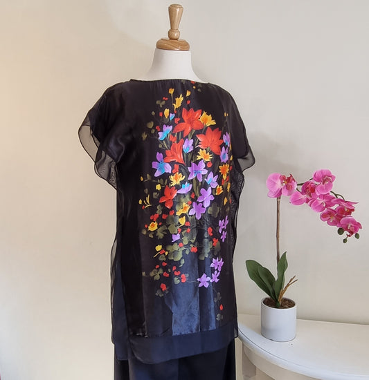 Made in SA - Black silk printed round necked blouse