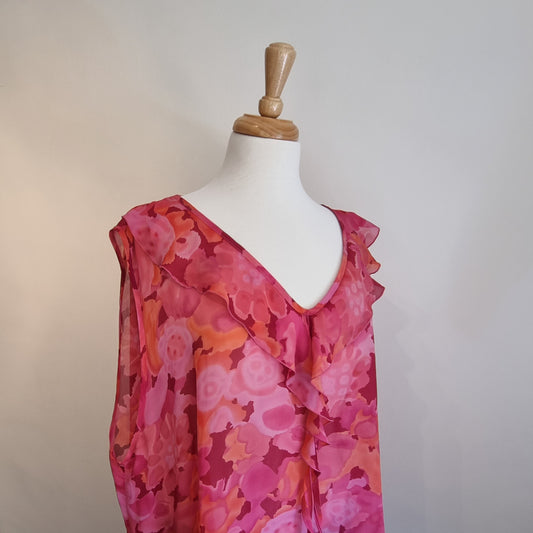 Colorful pink v-neck frilled floral blouse