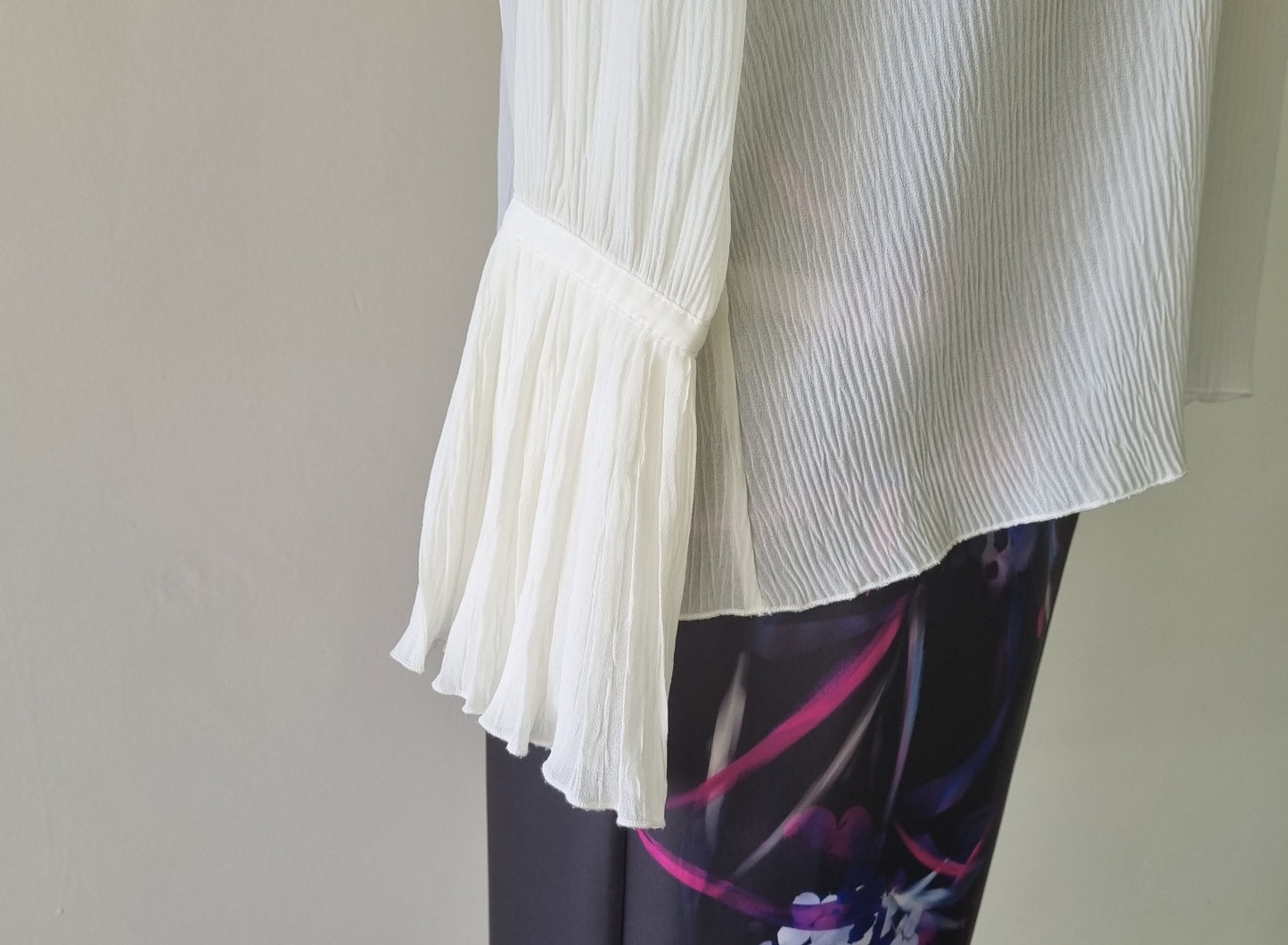 H&M - Beige long sleeve frilled high neck & sleeve blouse