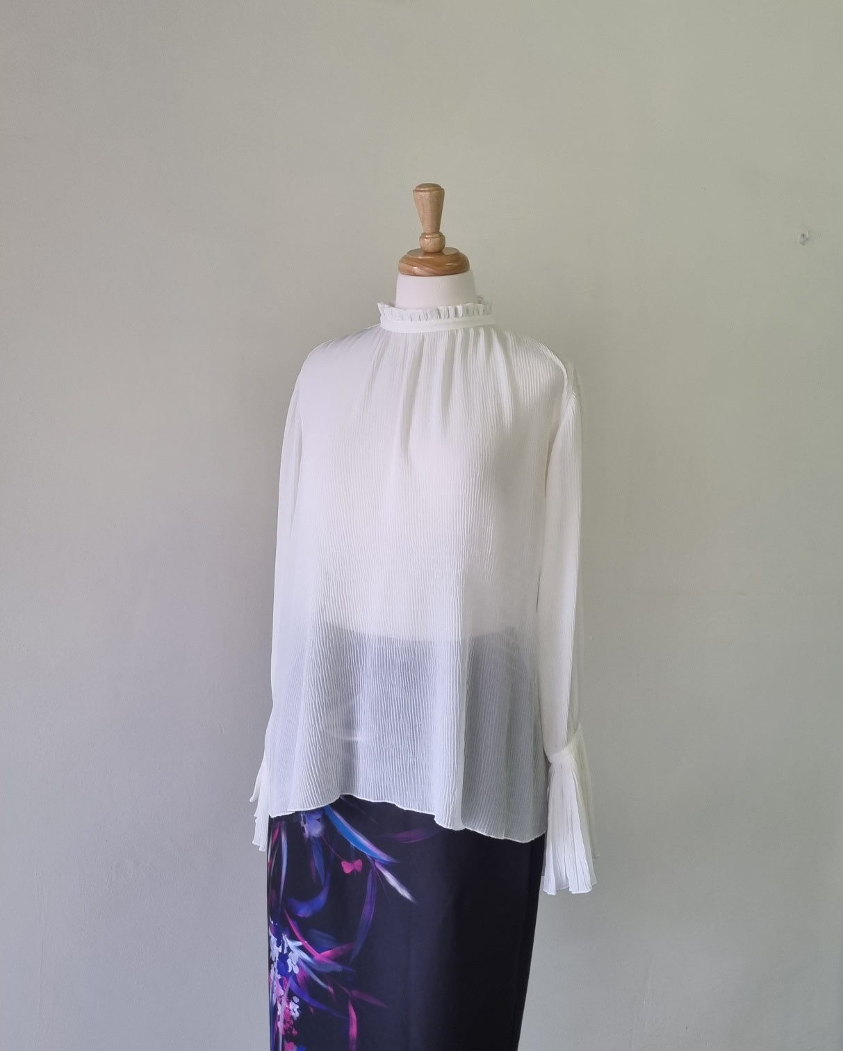 H&M - Beige long sleeve frilled high neck & sleeve blouse