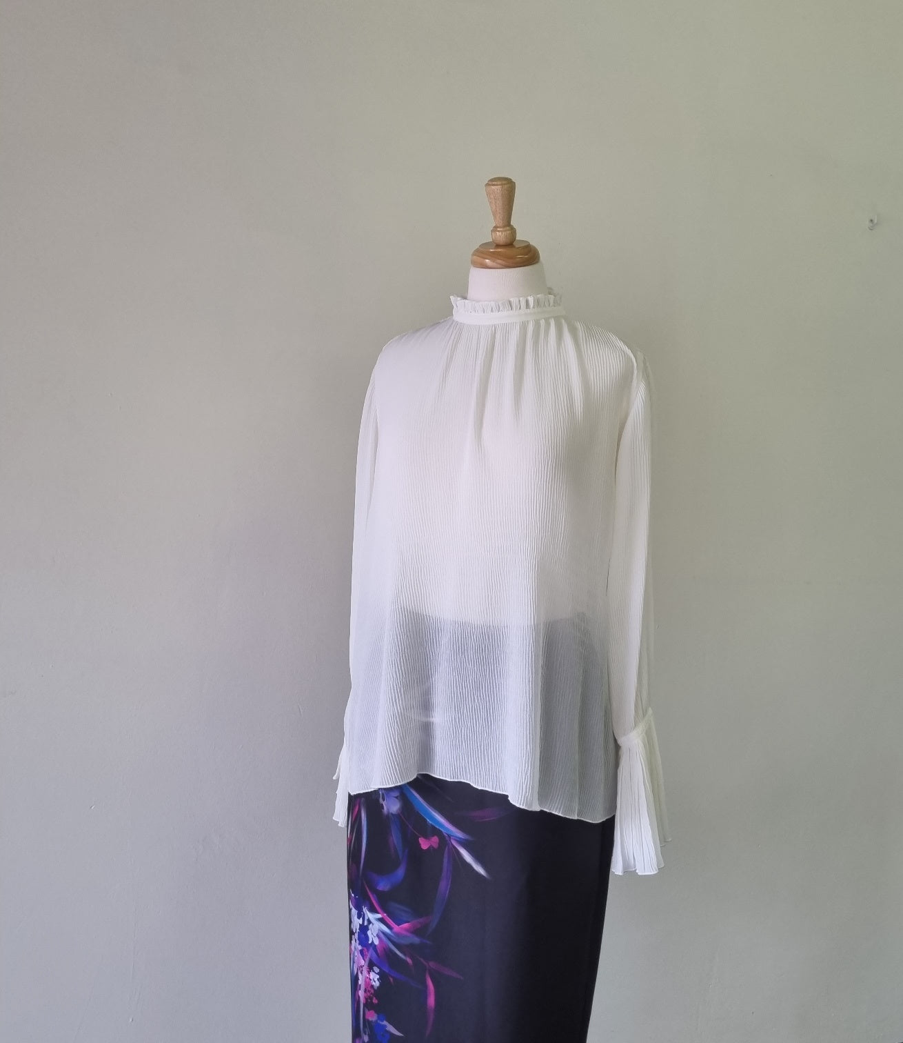 H&M - Beige long sleeve frilled high neck & sleeve blouse