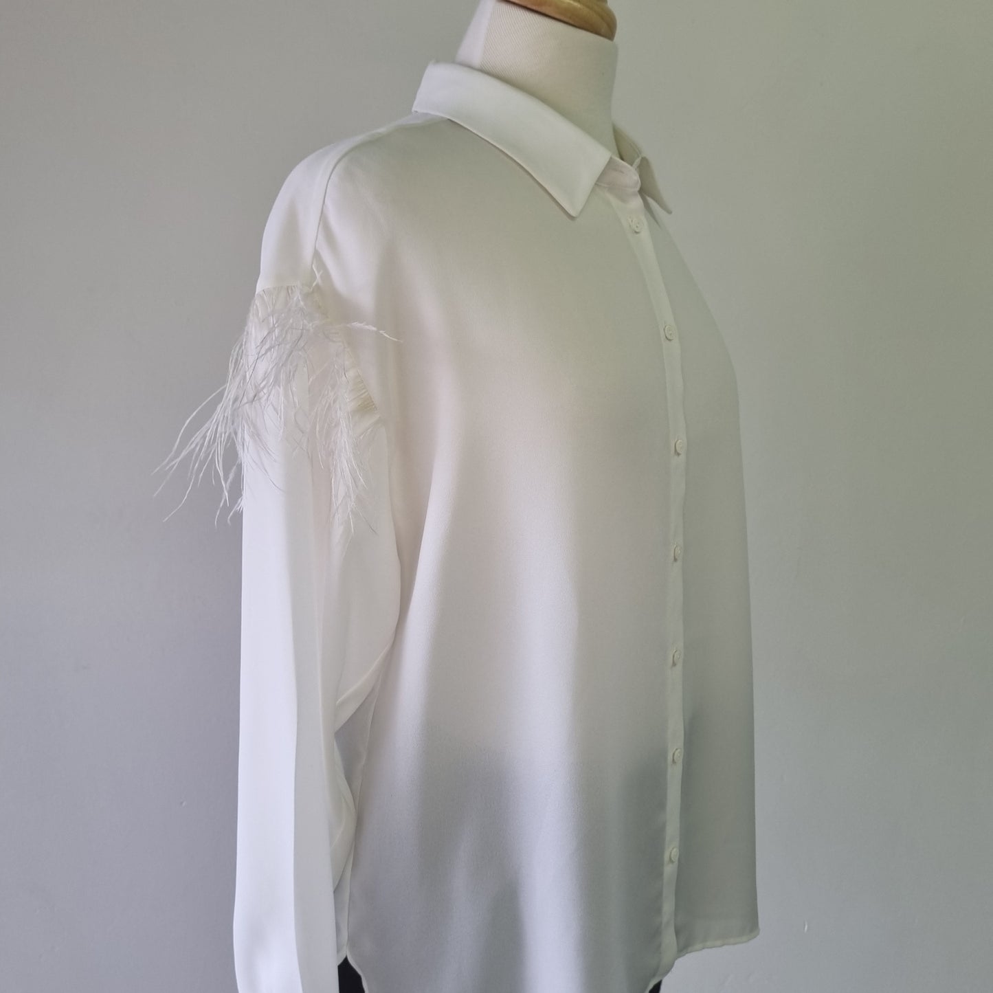 Zara Basics - Beige long sleeve feathered embellished shoulders shirt