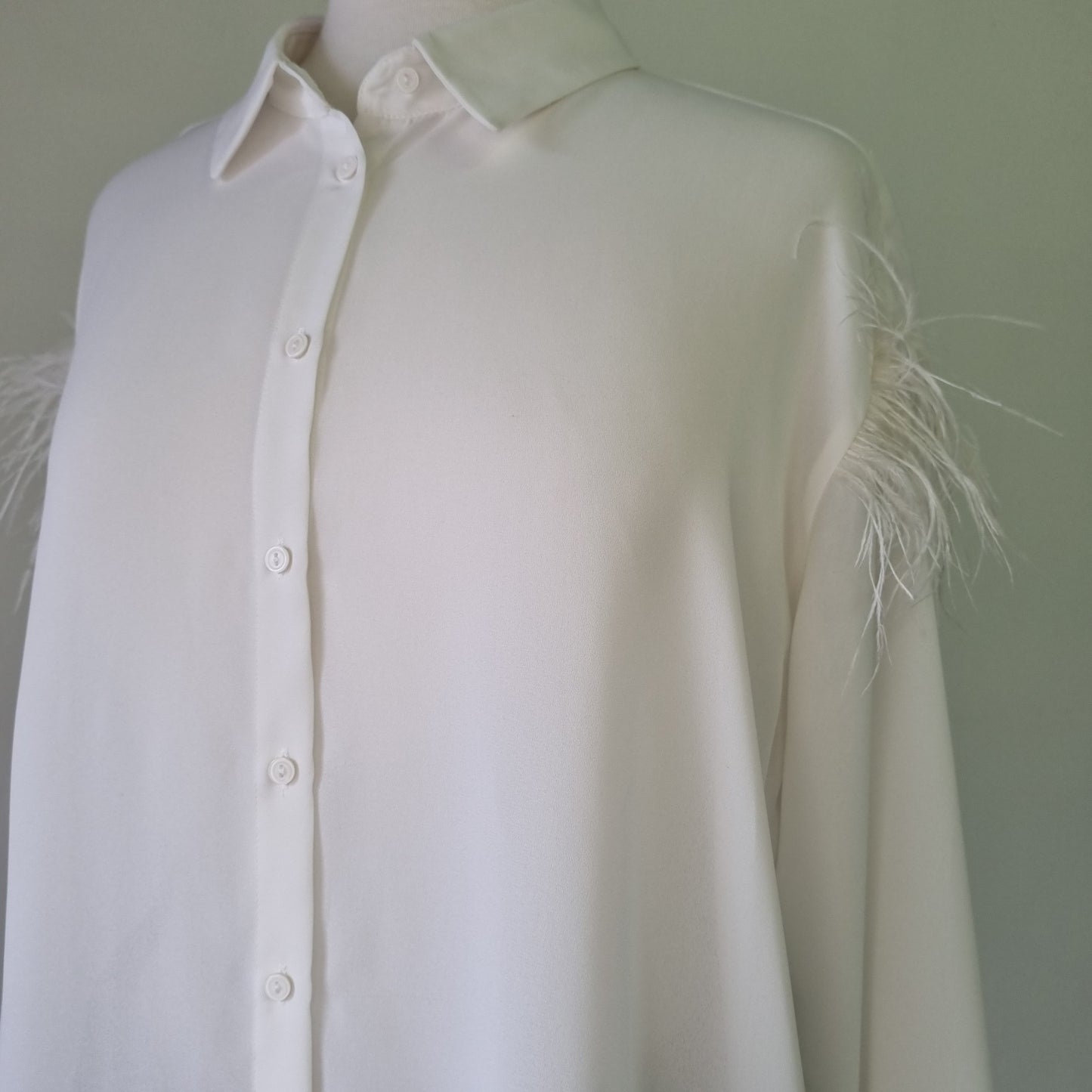 Zara Basics - Beige long sleeve feathered embellished shoulders shirt