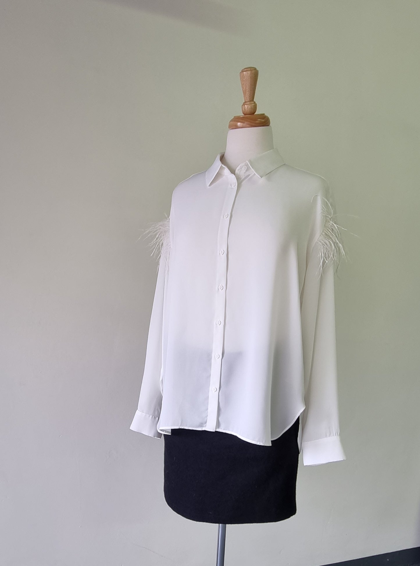 Zara Basics - Beige long sleeve feathered embellished shoulders shirt