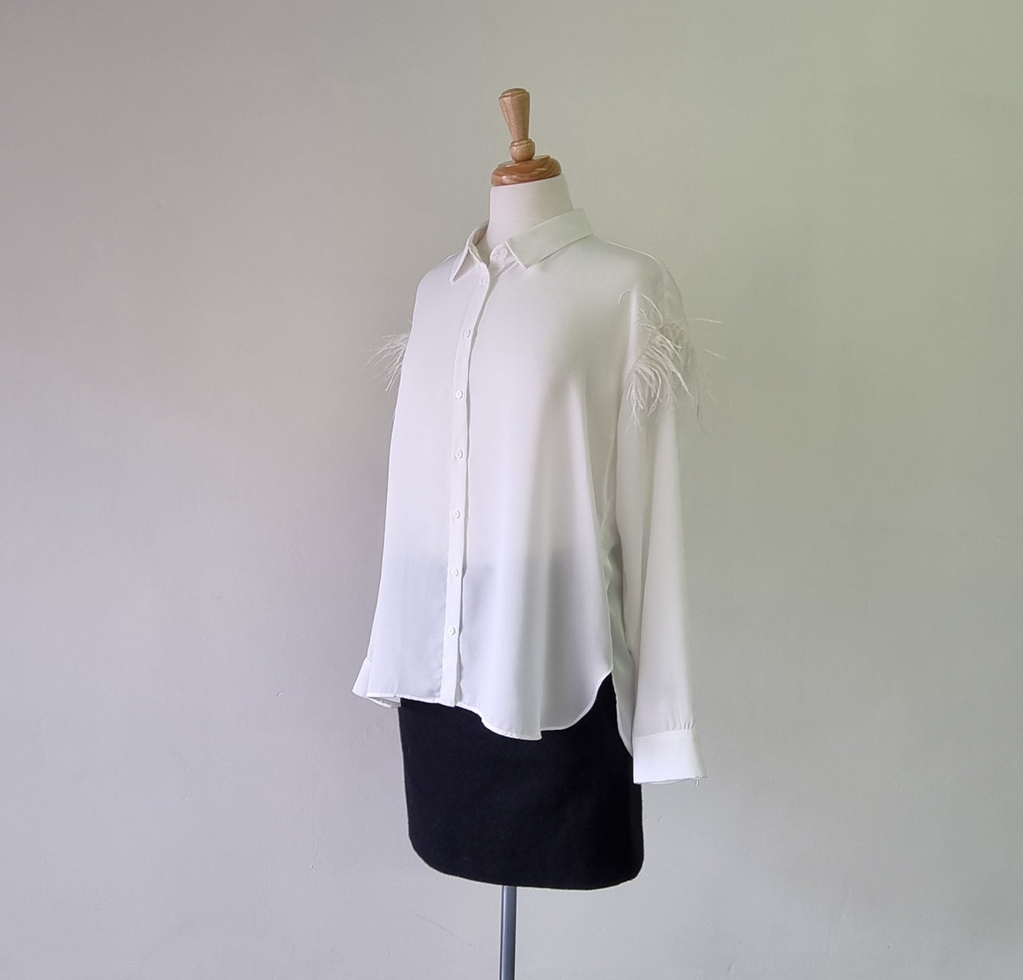 Zara Basics - Beige long sleeve feathered embellished shoulders shirt