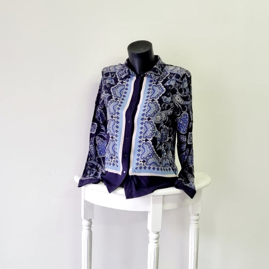 H&M - Blue & beige long sleeve buttoned bordered shirt