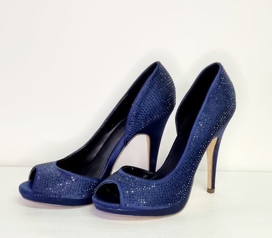 Call it Spring - Dark blue beaded open toe court stiletto heels