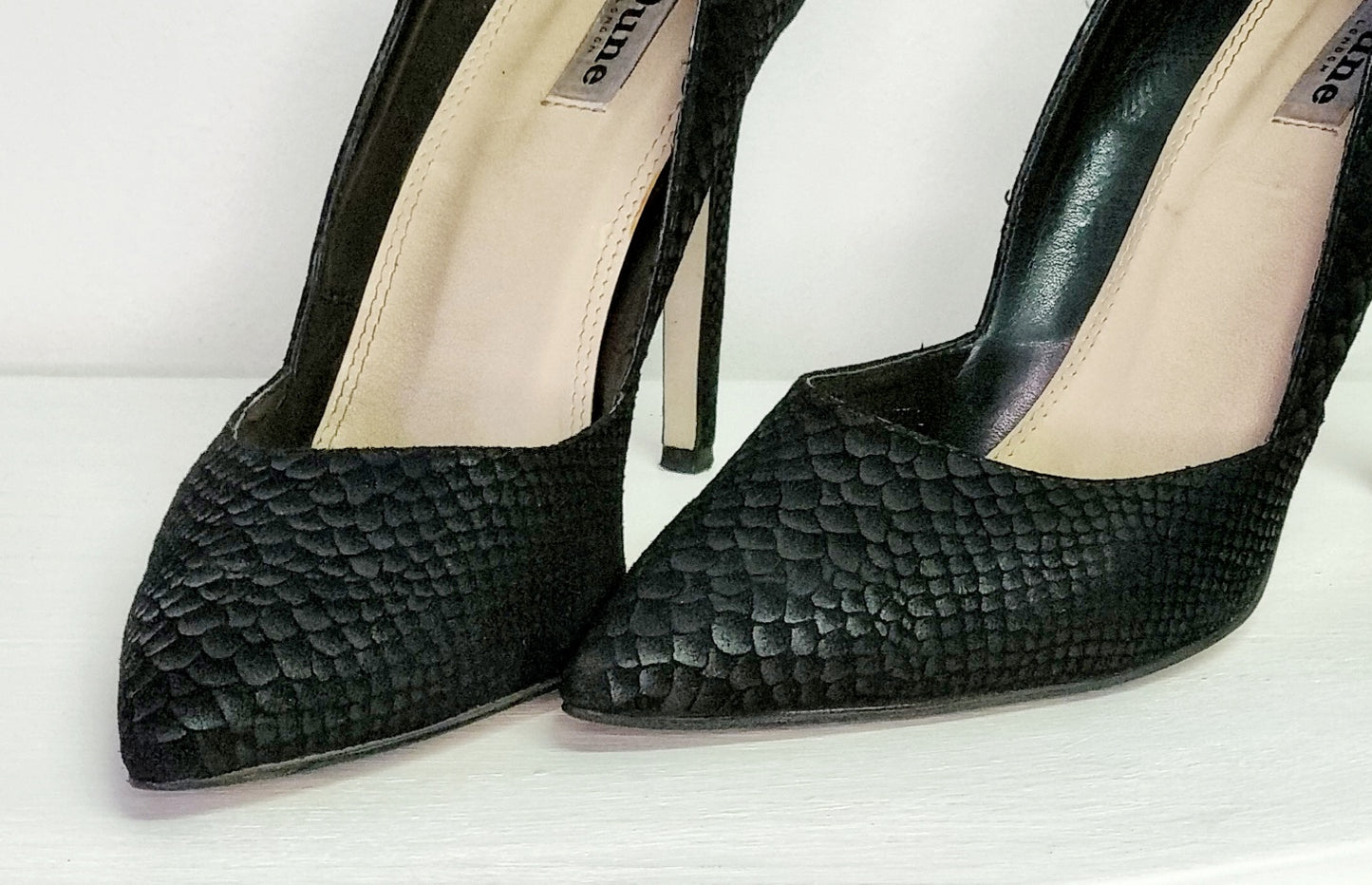 Dune London - Black Snake Print Heeled Court Shoe