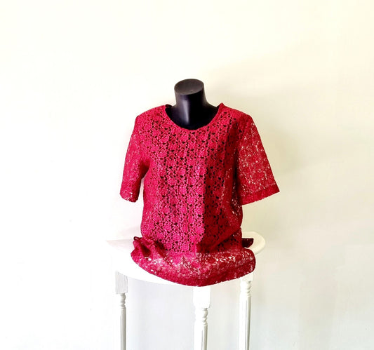 Hand Sewn - Deep red laced padded sleeve blouse