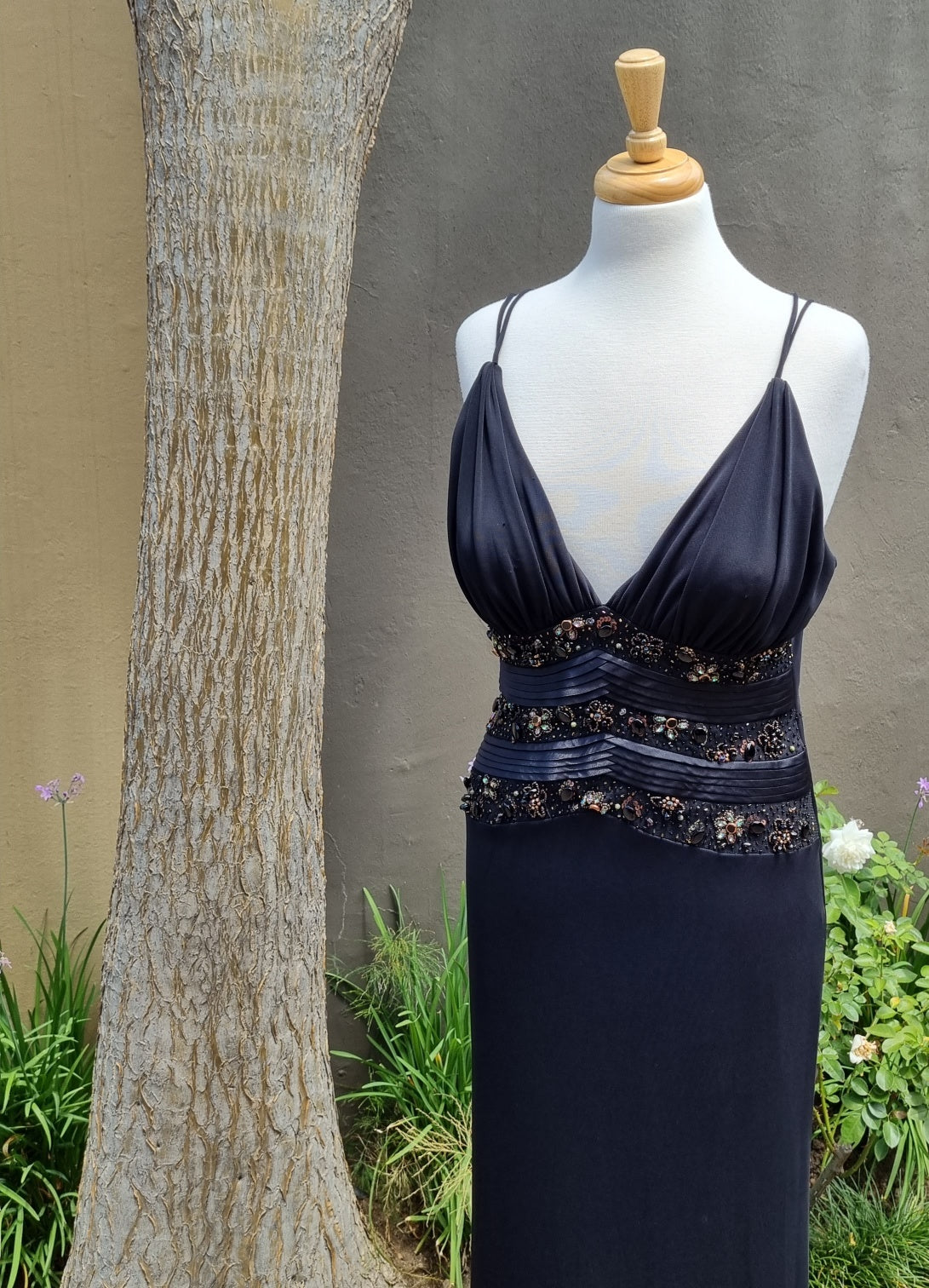 la Femme -  Long black gown with sequin embroidery and stones.