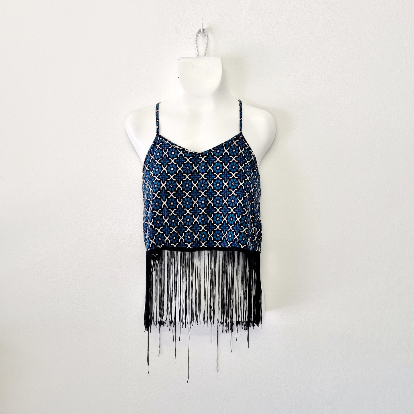 No Tag - Green & white strappy tassel top