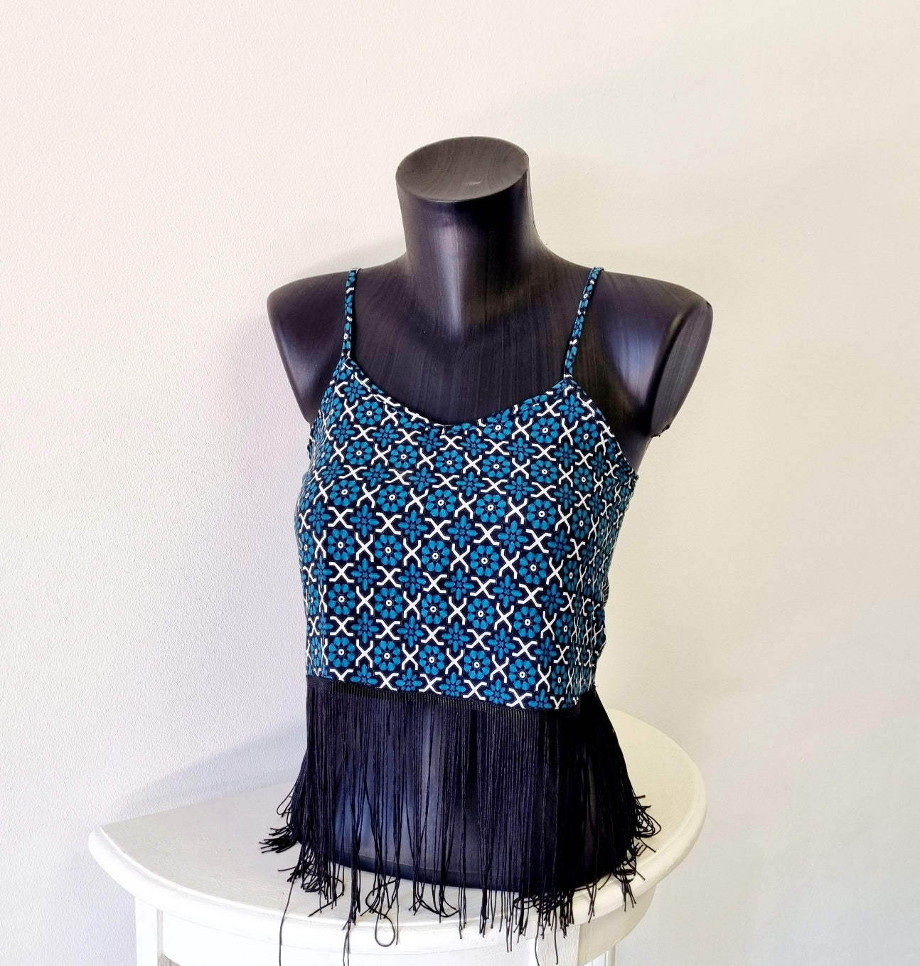 No Tag - Green & white strappy tassel top