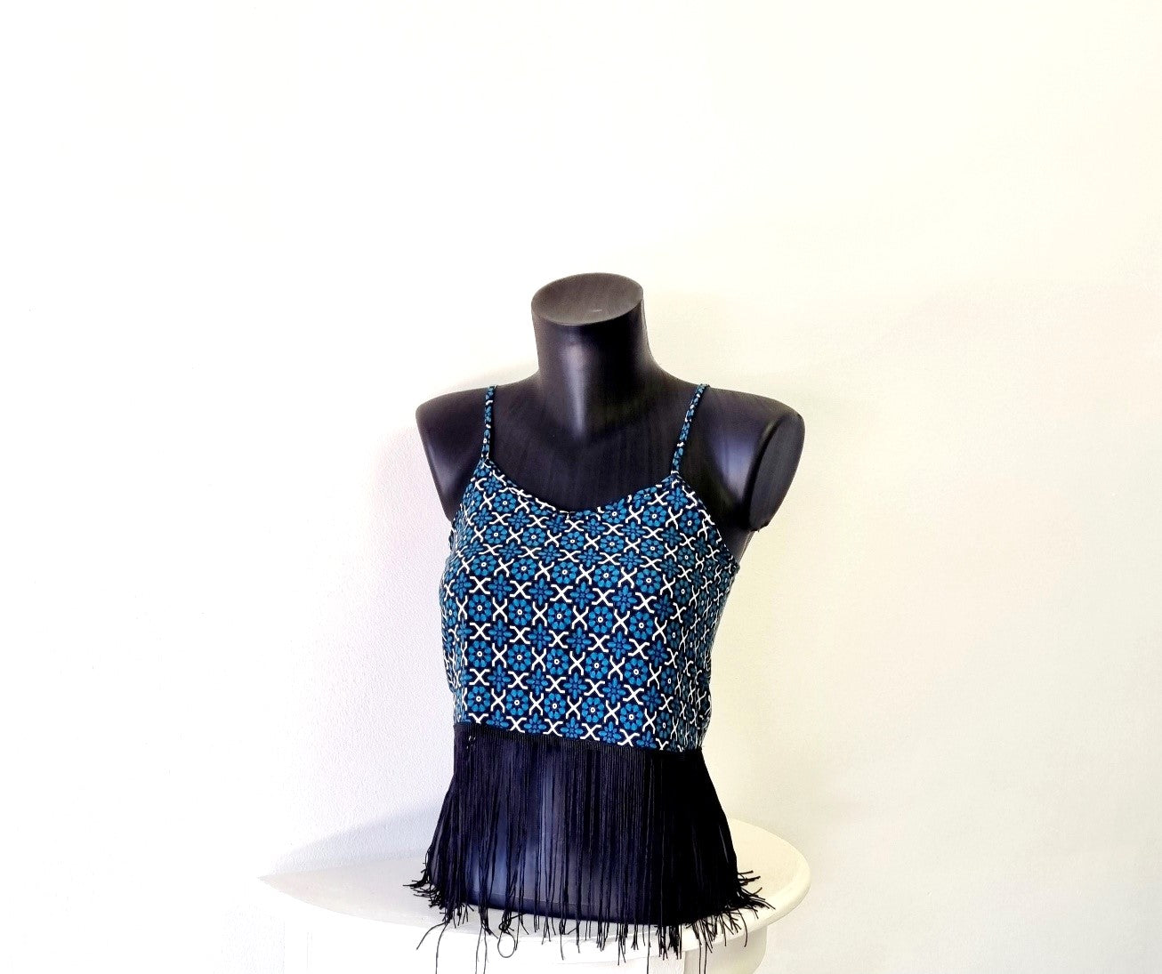 No Tag - Green & white strappy tassel top