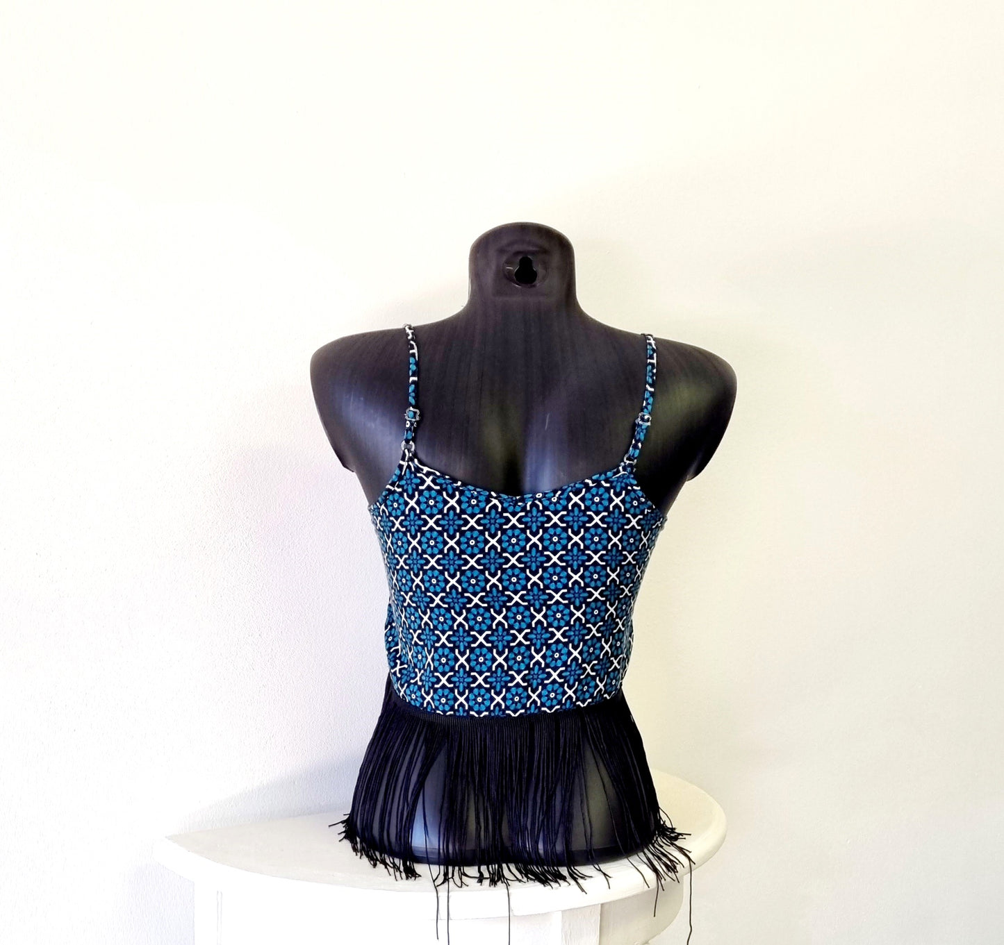 No Tag - Green & white strappy tassel top