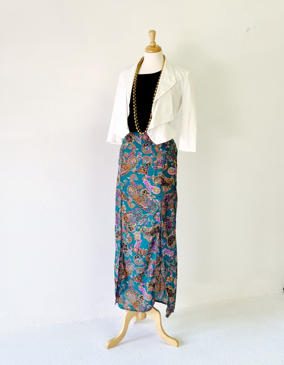 No Tag - Green & pink paisley patterned long skirt