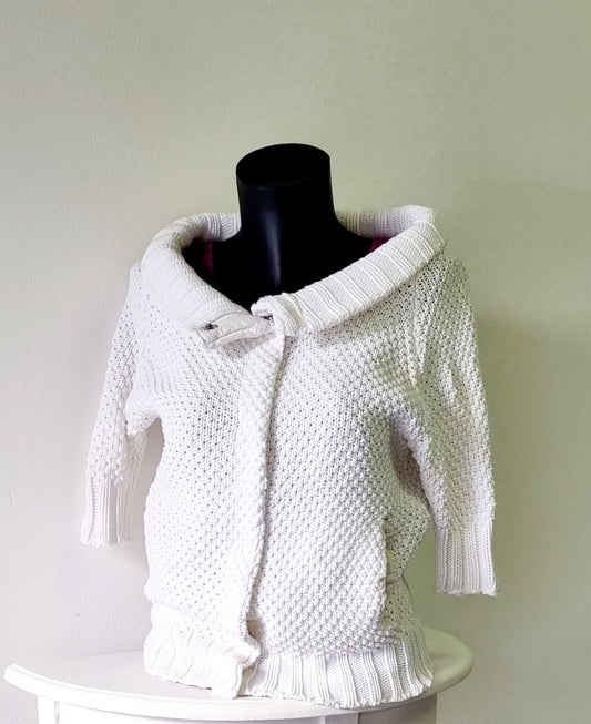 Urban - White Chunky Knit 3/4 Sleeve Collared Cardigan