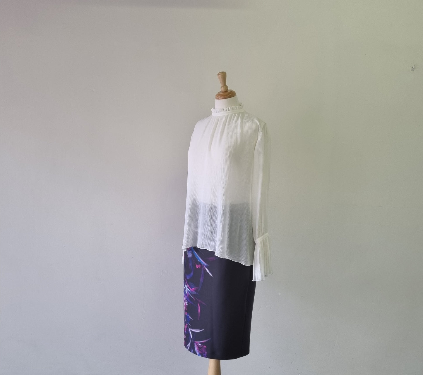 H&M - Beige long sleeve frilled high neck & sleeve blouse