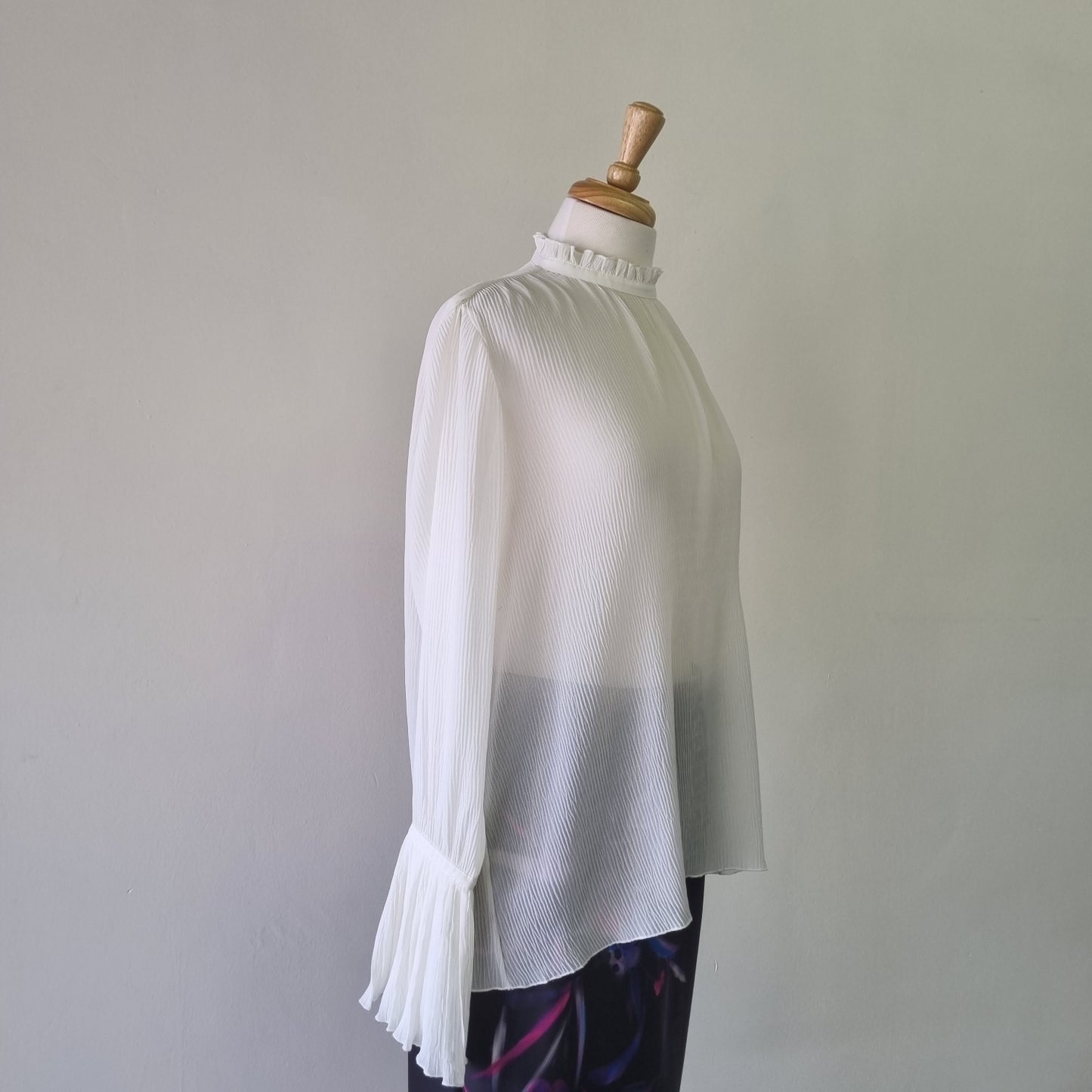 H&M - Beige long sleeve frilled high neck & sleeve blouse
